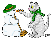 Cat putting nose on snowman